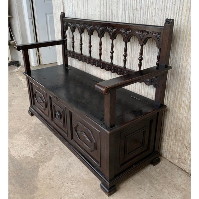 19th Spanish Carved Hall Bench With Storage For Sale - Image 4 of 13