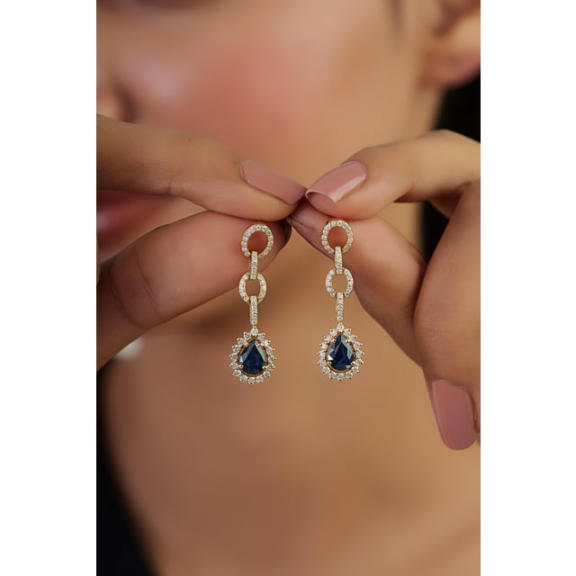 Geometric 1.61ct Blue Sapphire & Diamond Link Drop Earrings in 14k Yellow Gold- A Pair For Sale - Image 9 of 13