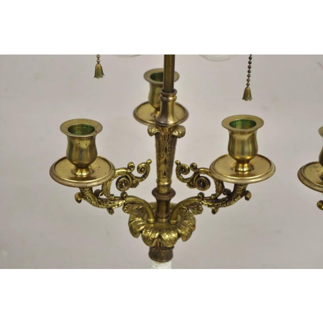 White Vintage French Empire Style Candlestick Candelabra Brass Table Lamps - A Pair For Sale - Image 8 of 12