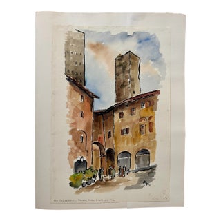 Henry Emil Salloch Original Watercolor on Paper St. Gimignano, Piazza Della Cisterna, Italy. 1970. For Sale