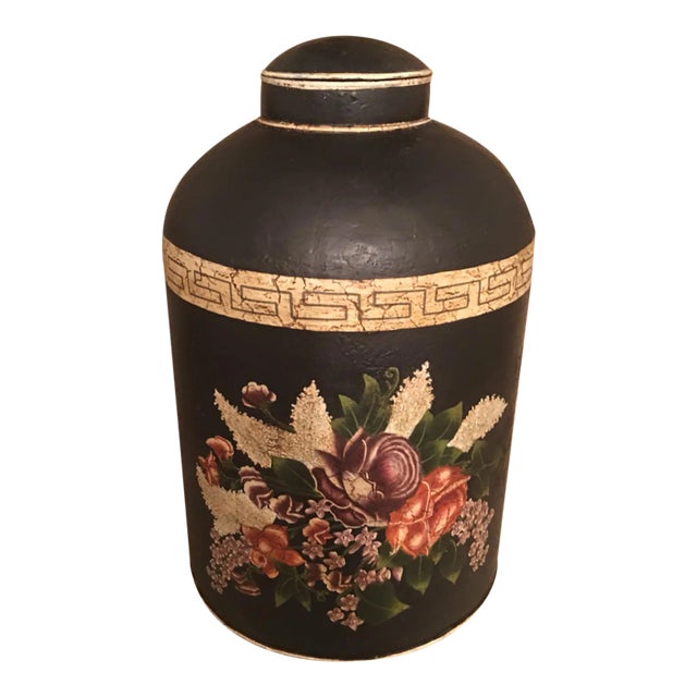 English Black Floral Design Tea Caddy For Sale