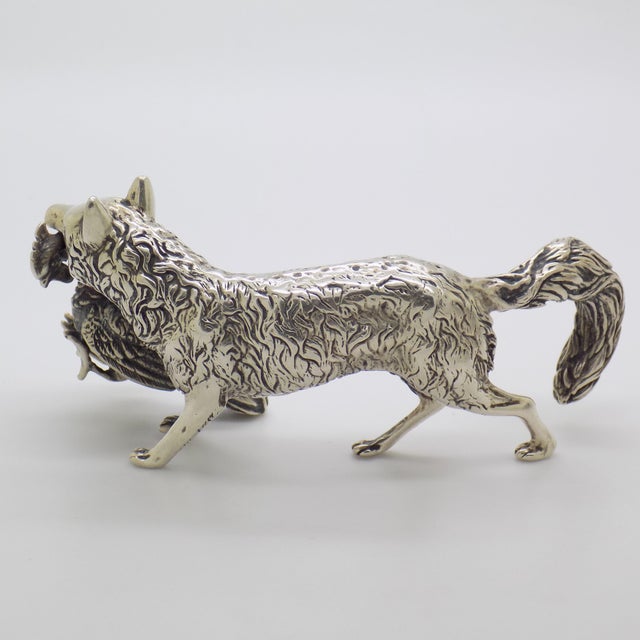 Metal Vintage Italian Handmade Genuine Silver Large Fox With Hunted Game Figurine Rare Sculpture For Sale - Image 7 of 10