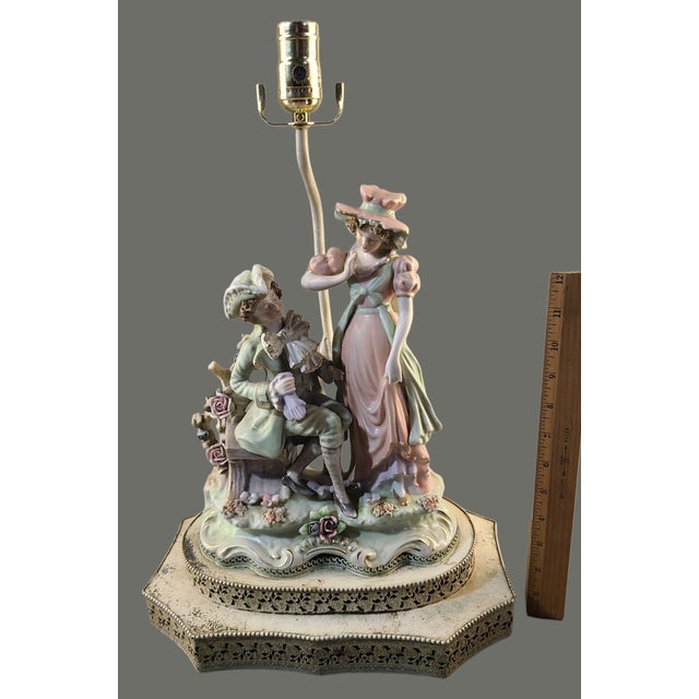 Antique Figural Romantic Couple Statue Porcelain Boudoir Table Lamp For Sale - Image 11 of 12