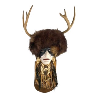 Late 20th Century Shaman Mask Plaster With Antler Vintage Southwestern Walk Mount Decor For Sale