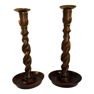 Antique Pair of English Hand-Carved Oak Wood With Brass Barley Twist Candlesticks For Sale