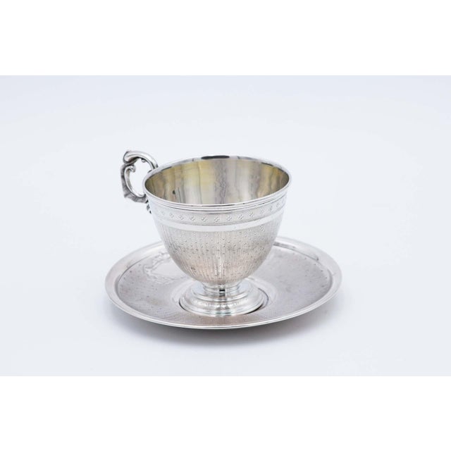 Cup and Saucer in Guilloche Silver with Pearly Reliefs and Monogram Card, Set of 2 For Sale - Image 4 of 4