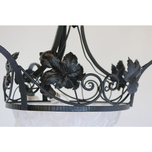 Antique French Art Deco Geometric Wrought Iron and Frosted Glass Chandelier, 1930 For Sale - Image 9 of 15