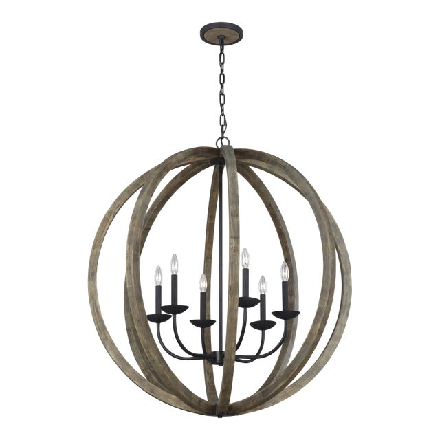 2020s Sean Lavin by Visual Comfort Studio Allier Large Pendant, Weathered Oak Wood/Antique Forged Iron For Sale - Image 5 of 8