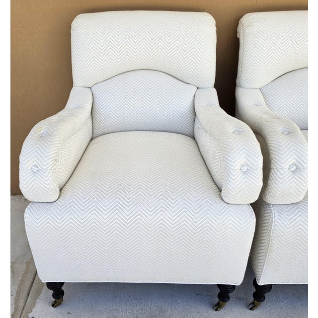 Baker Furniture Company Baker Furniture English Country Scroll Arm Lounge Chairs in White Herringbone Casters Pair For Sale - Image 4 of 17