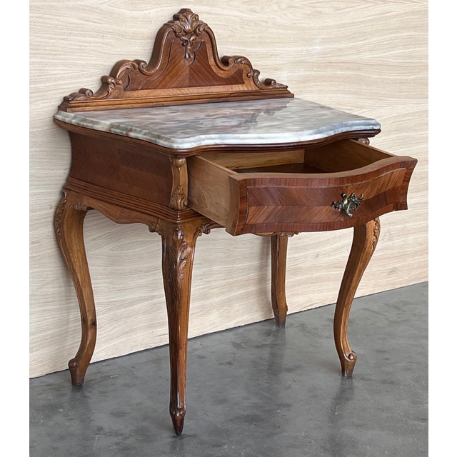 French Pair of Nightstand Tables With Crest & Carved Drawer and Cabriole Legs For Sale - Image 6 of 10