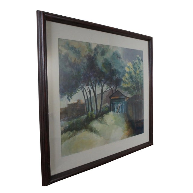Vintage framed watercolor painting featuring a backyard landscape / cityscape with barn / trees / fence and "Notel" Motel...
