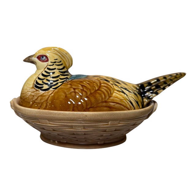 Early 20th Century French Sarreguemines Majolica Pheasant Tureen, "Peasant Village" Mark For Sale