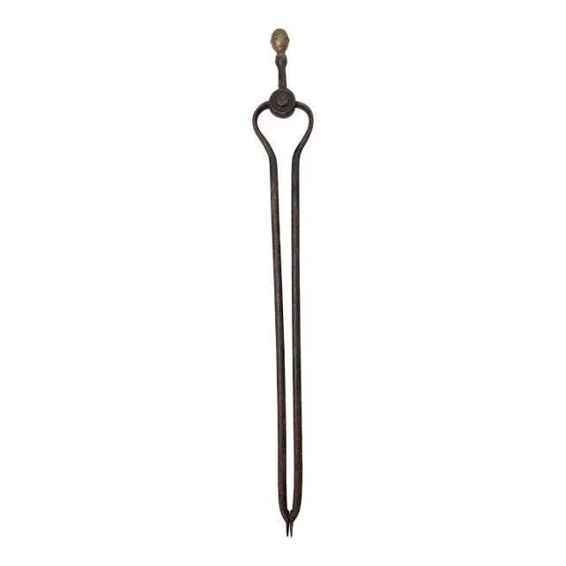 Antique 18th Century Wrought Iron Turned Brass English Fireplace Tongs Tool 26 For Sale
