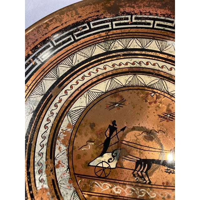 Mediterranean Vintage Greek Key Copper Plate With Classical Chariot Motif For Sale - Image 3 of 16