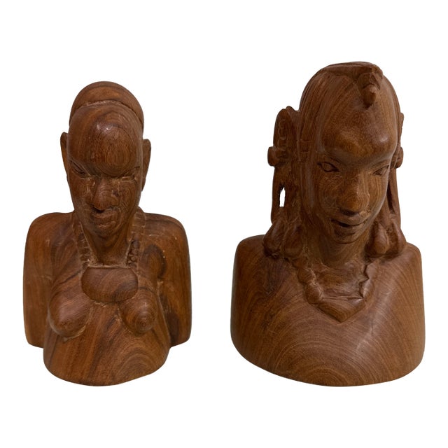 Vintage Maasai Hand-Carved Wood Bust Sculptures, Pair For Sale