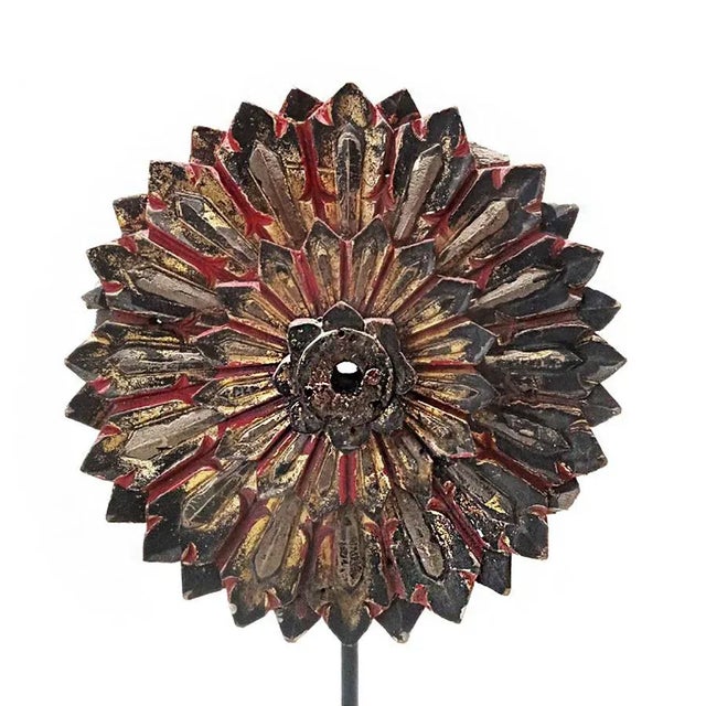 Thai Flower Sculpture, early 20th Century. Hand-carved out of reclaimed teakwood and repurposed from wheel to flower...