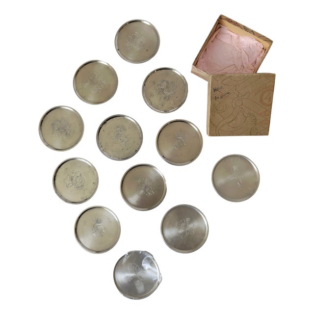Engraved Pewter Glass Coasters by Just Andersen, 1930s, Set of 12 For Sale