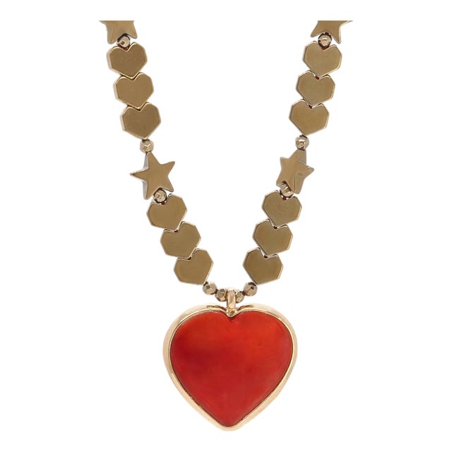 Murano Glass Red Heart Pendant Heart & Star Beaded Necklace For Sale