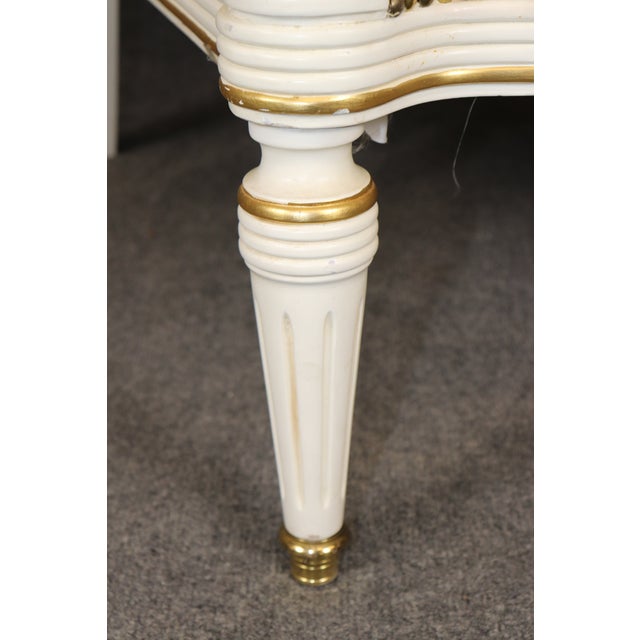 19th C Pair Louis XVI Style Creme Painted With Gilt Accent Bergere Chairs For Sale - Image 12 of 14