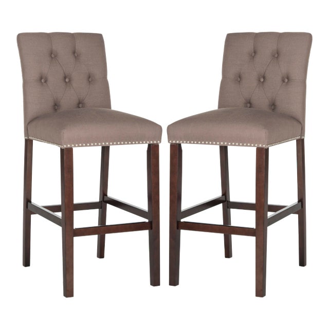 Tufted Barstool in Dark Taupe & Espresso - a Pair For Sale