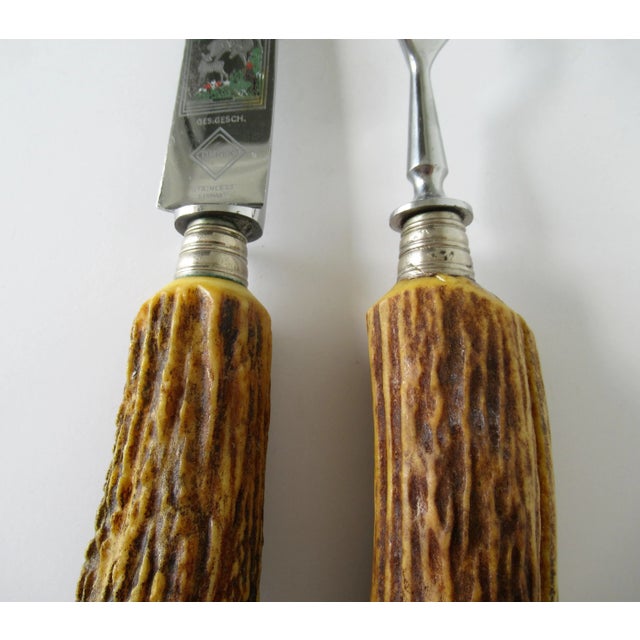 Brown Vintage Solingen Germany Stag Handled Cutlery Serving Knife & Fork - 2 Pcs. For Sale - Image 8 of 13