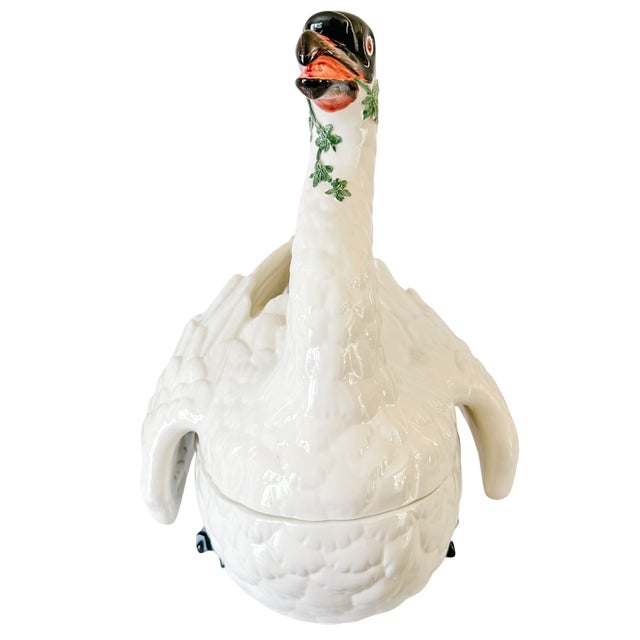 Off-white 1980s Italian Hand-Painted Ceramic Swan Tureen & Centerpiece in Meissen Style by Chelsea House For Sale - Image 8 of 12