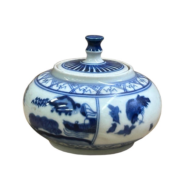 Tiny Small Blue White Oriental Graphic Porcelain Jar For Sale - Image 4 of 8