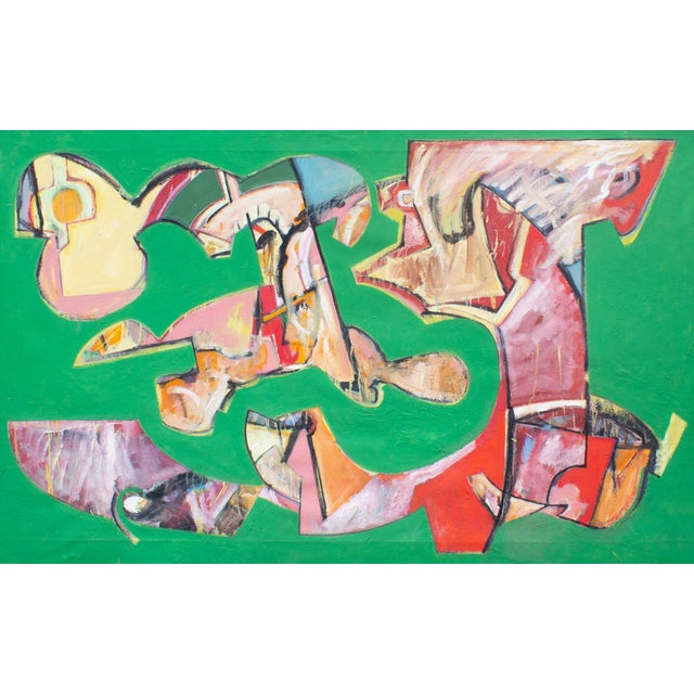 An oil on canvas painting by the American artist James L. Bruch (1942-2023). This vibrant abstract work features a green...