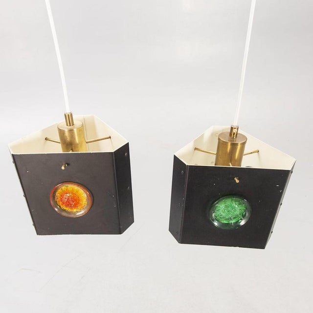 A pair of triangular pendants light by hans bergstrom and erik hoglund sweden 1950. rare triangular shape, colored cast...