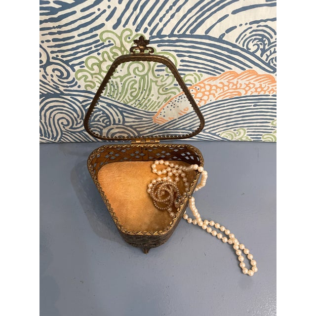 Metal Vintage Filagree Brass Plated and Glass Footed Jewelry Box For Sale - Image 7 of 10