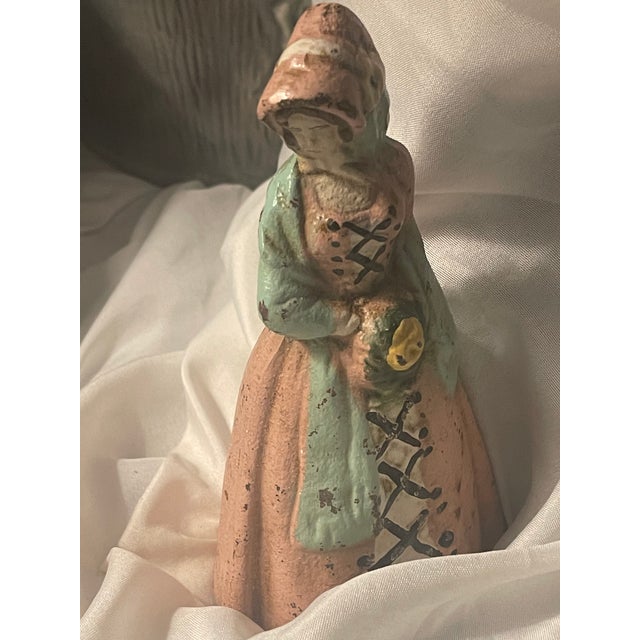 Metal Antique Cast Iron Doorstop W Victorian Lady in Peachy Pink Colonial Attire & Sunflower Bonnet For Sale - Image 7 of 12