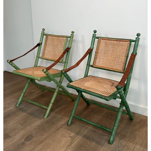 Pair of 1970s folding safari chairs in weathered faux bamboo with caned backs and seats For Sale - Image 12 of 12