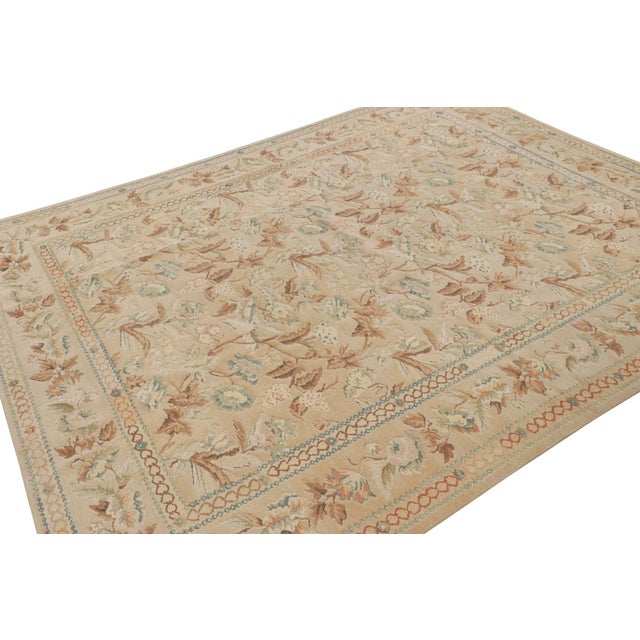 Transitional Rug & Kilim’s Aubusson Style Rug in Beige-Brown With Blue and Pink Florals For Sale - Image 3 of 7