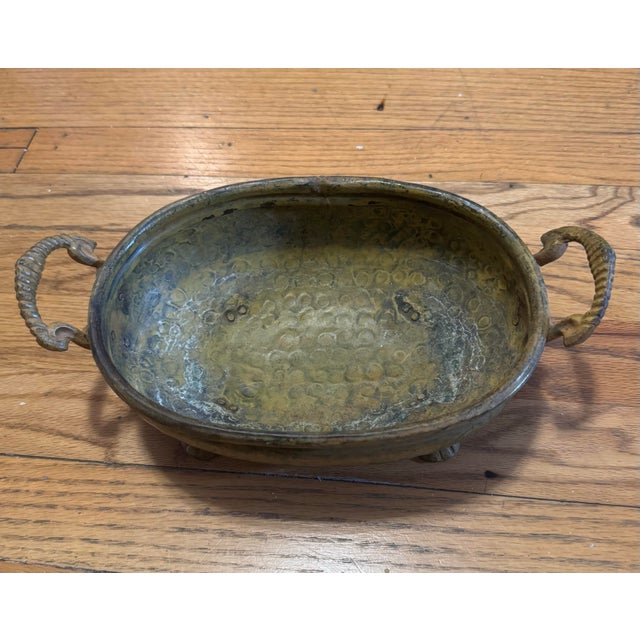 Mid 20th Century Mid Century Brass Oval Jardiniere Lion Head Ram Horn Handles Paw Feet Hammered Bowl For Sale - Image 5 of 12