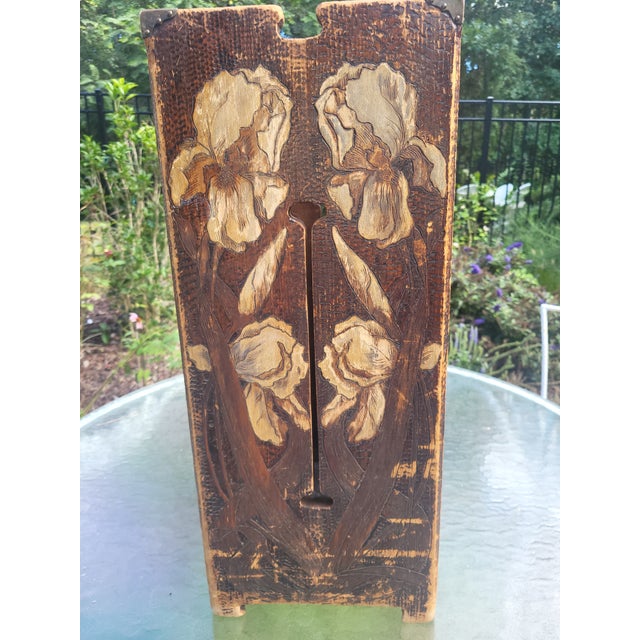 Antique Arts & Crafts Carved & Pyrographic Iris Umbrella Stand, C. 1910 For Sale - Image 4 of 9