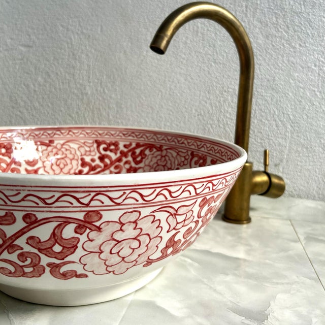 Not Yet Made - Made To Order Pink Flower Handcrafted Vessel Basin Ceramic Modern Style, Moroccan Basin Sink Bowl with Brass Drain For Sale - Image 5 of 10