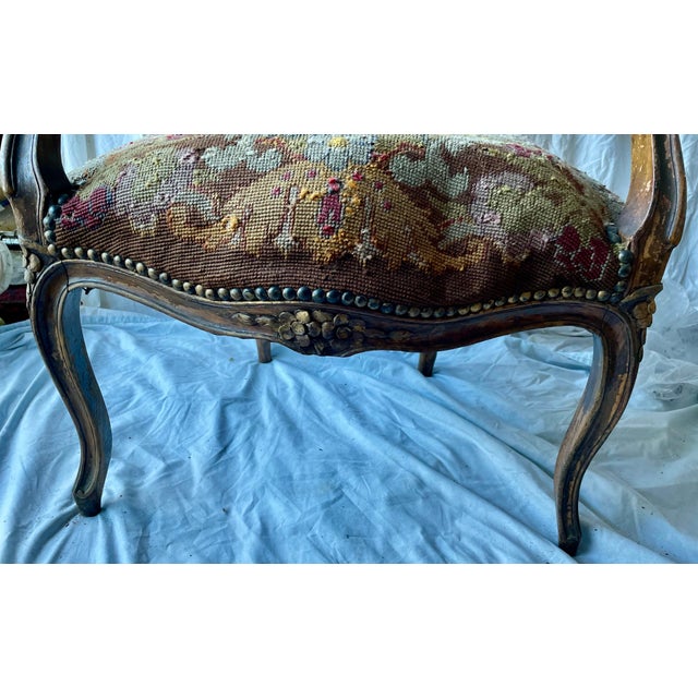 19th C French Needlepoint Carved Diminutive Fauteuil For Sale - Image 10 of 12