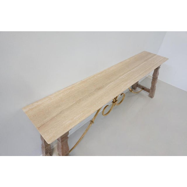 Large Wood and Travertine Console, 1940s