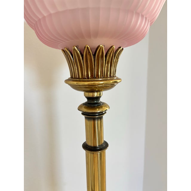 1970s Hollywood Regency/Art Deco Brass With Pink Glass Floor Lamp/Torche For Sale - Image 4 of 12