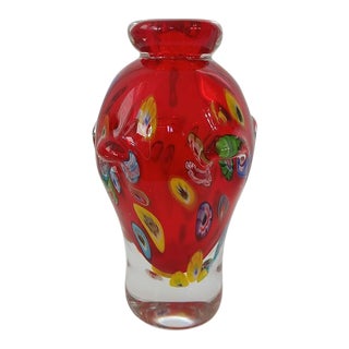 Italian Murano Style Millefiori Vibrant Red Mid-Century Art Glass Vase Heavy Cased Glass For Sale