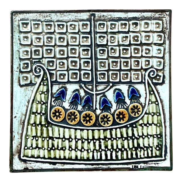 Vintage Boho Original Studio Pottery Viking Ship Tile For Sale