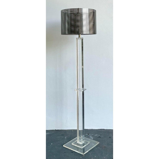 Mid-Century Modern Vintage Boho Lucite Floor Lamp With Perforated Metal Shade For Sale - Image 3 of 7