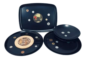 Vintage Swank Couroc World Coin Trays + Globe Maple Cheese Board Set- 6 Pieces