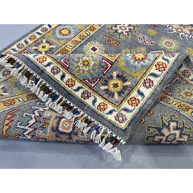 Slate Gray Kazak Style Rug With Floral Medallions and Blue Border, 3'3" X 4'9" For Sale - Image 11 of 13