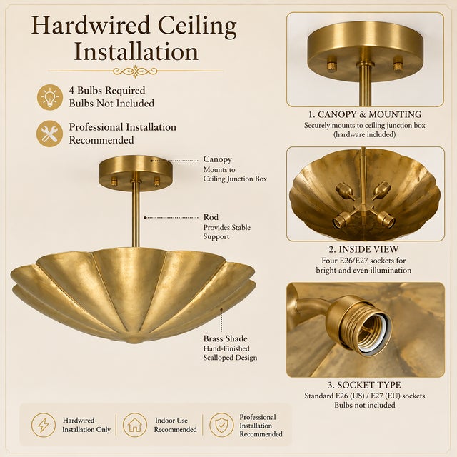 Scalloped Brass Semi Flush Mount Ceiling Light, Hand-Finished Art Deco Fixture For Sale - Image 10 of 10