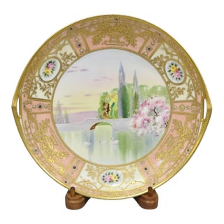 Antique Nippon Hand Painted Porcelain Gold Gilt Swan & Lake Scene Cabinet Plate For Sale