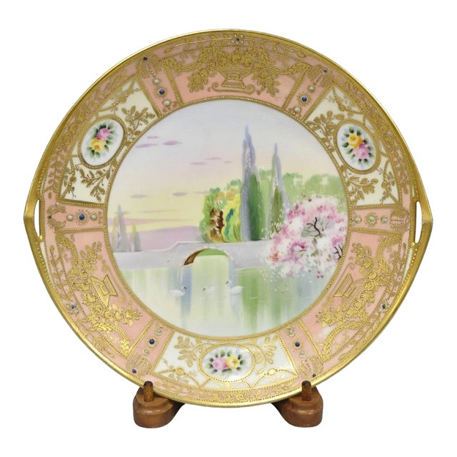 Antique Nippon Hand Painted Porcelain Gold Gilt Swan & Lake Scene Cabinet Plate For Sale