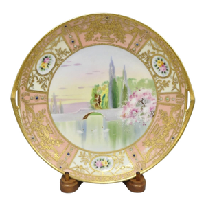 Antique Nippon Hand Painted Porcelain Gold Gilt Swan & Lake Scene Cabinet Plate