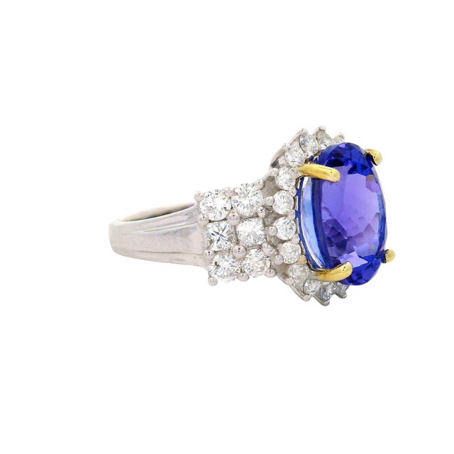 3.90 Carat Tanzanite Diamond 14k White Gold Halo Ring, Size 7 For Sale - Image 4 of 5