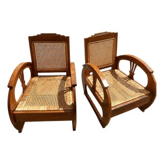 Vintage Art Deco Armchair in Teakwith Hand-Woven French Rattan, 1920s, Set of 2 For Sale